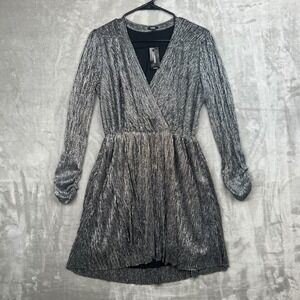EXPRESS Womens Metallic Faux Wrap Long Sleeve Dress Silver Size M